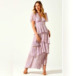 ASTR Tayla pink floral tiered midi dress size small